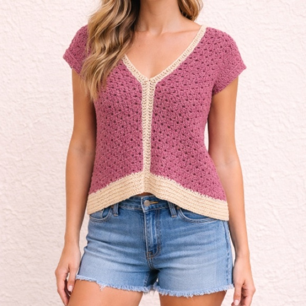 Hand Knit Crochet V-Neck Short Sleeve Top